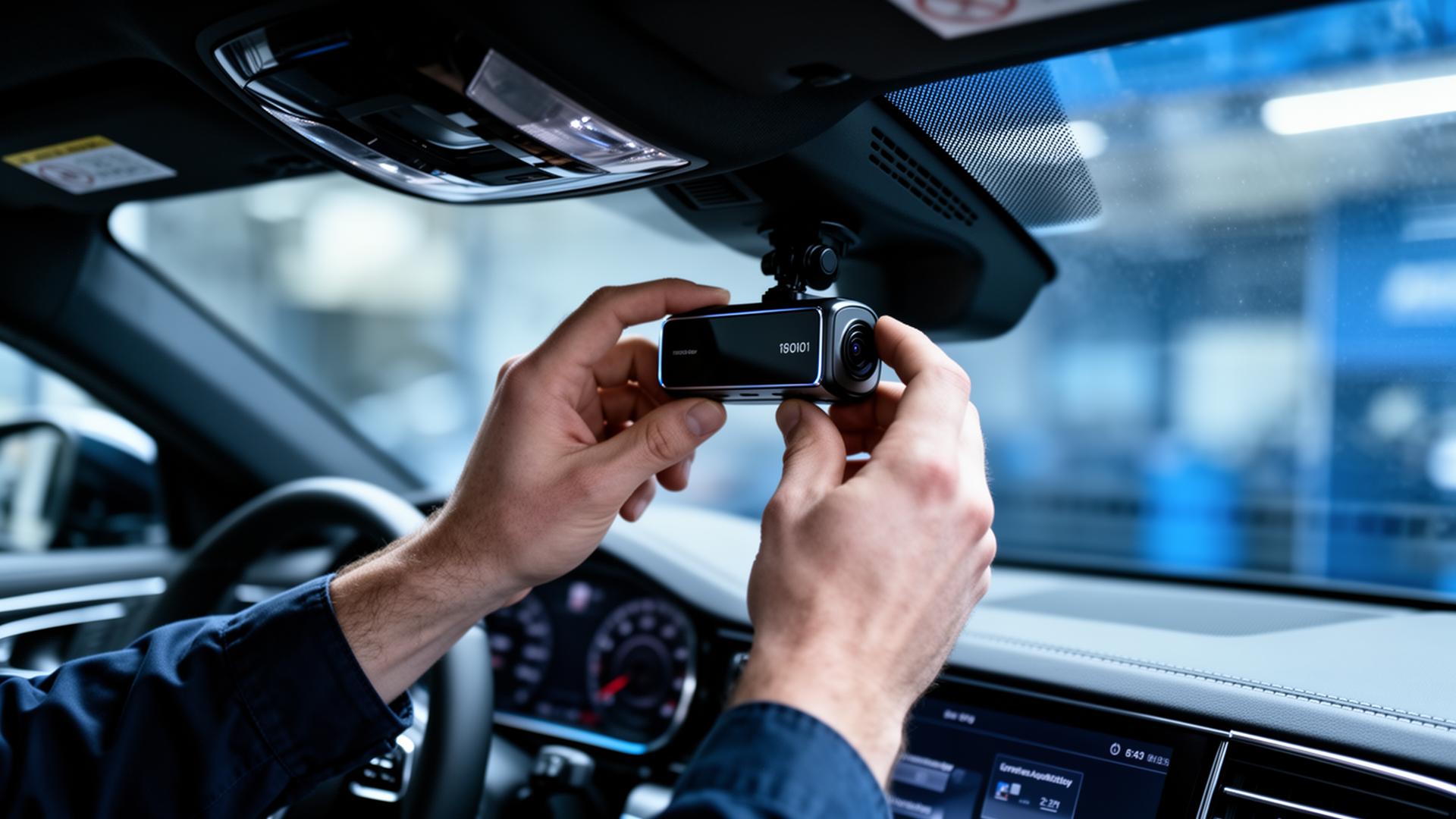 Professional installer fitting a dash cam to a car windscreen